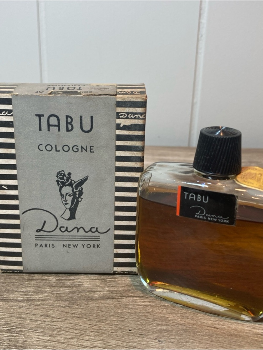 Vintage Tabu Cologne w/ Box - Black & Gray Striped Design 2 fl oz bottle